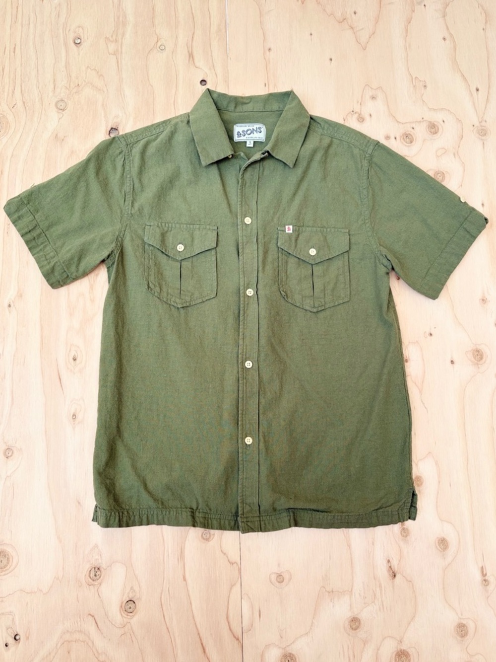 &sons coast shirt olive dark green - cotton flax blend men’s S